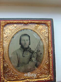 Confederate soldier with Colt Revolving Rifle Ambrotype Civil War 1/6 plate