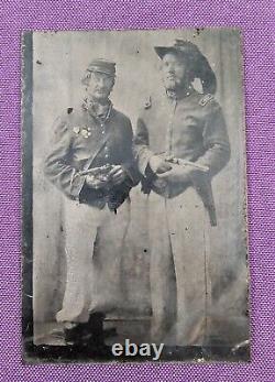 Decorated Armed Civil War Soldiers Al & Fred Sixth Plate Tintype Photo