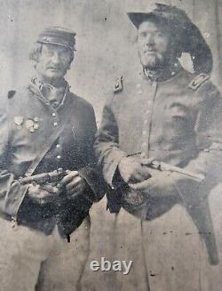 Decorated Armed Civil War Soldiers Al & Fred Sixth Plate Tintype Photo