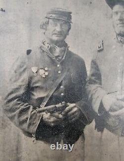 Decorated Armed Civil War Soldiers Al & Fred Sixth Plate Tintype Photo