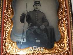 Double Armed Civil War Soldier 1/6 Plate Ambrotype & Mint Full Case