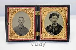 Dual 1/9 Plate Gutta Percha CIVIL WAR SOLDIER & WIFE Tintype Case GEOMETRIC