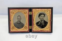 Dual 1/9 Plate Gutta Percha CIVIL WAR SOLDIER & WIFE Tintype Case GEOMETRIC