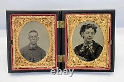 Dual 1/9 Plate Gutta Percha CIVIL WAR SOLDIER & WIFE Tintype Case GEOMETRIC