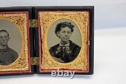 Dual 1/9 Plate Gutta Percha CIVIL WAR SOLDIER & WIFE Tintype Case GEOMETRIC