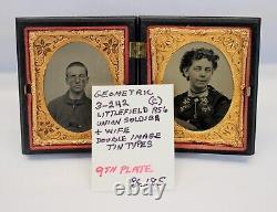 Dual 1/9 Plate Gutta Percha CIVIL WAR SOLDIER & WIFE Tintype Case GEOMETRIC