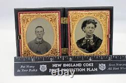 Dual 1/9 Plate Gutta Percha CIVIL WAR SOLDIER & WIFE Tintype Case GEOMETRIC