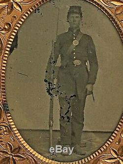 Genuine Antique CIVIL War Tintype Young Union Soldier In Full Uniform
