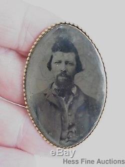 Genuine Civil War Confederate Soldier Tin Type Set in 14k Gold Pin or Pendant