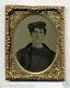 HANDSOME NAVY SAILOR CIVIL WAR SOLDIER TINTYPE WITH AD IN THERMOPLASTIC CASE
