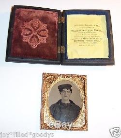 HANDSOME NAVY SAILOR CIVIL WAR SOLDIER TINTYPE WITH AD IN THERMOPLASTIC CASE