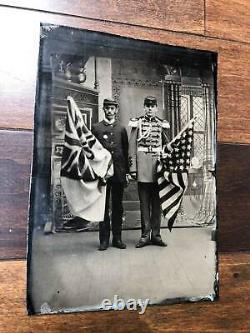 Half Plate Antique 1800s Tintype Photo Post Civil War Soldier Holding Flags Rare