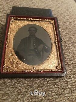 Handsome CIVIL WAR UNION SOLDIER 6th Plate Tintype tinted 13 button Frock Coat