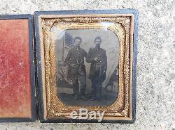 ID's 1/6th Plate Tintype of Two Civil War Soldiers dated 1865 with Flag Backdrop