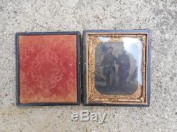 ID's 1/6th Plate Tintype of Two Civil War Soldiers dated 1865 with Flag Backdrop