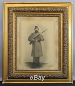 Large Antique Civil War Soldier with Rifle, Kepi & Great Coat, Charcoal Photograph