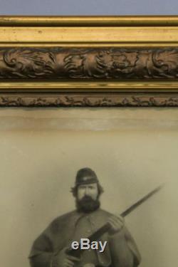 Large Antique Civil War Soldier with Rifle, Kepi & Great Coat, Charcoal Photograph