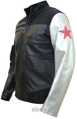 Mens Civil War Winter Soldier Bucky Barnes Black Genuine Leather Jacket