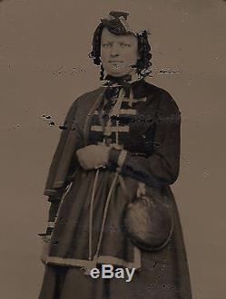 OLD VINTAGE TINTYPE PHOTO PATRIOTIC WOMAN SOLDIER or NURSE with CIVIL WAR CANTEEN