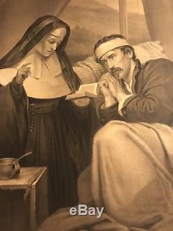 Original 1865 Civil War Lithograph Of A Nun Consoling A Wounded Union Soldier