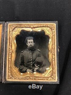 Original Civil War 1/6th Plate Ruby Ambrotype Soldier With Hardee Hat & Epaulettes