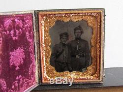 Pair of Civil War soldiers in unusual uniforms with pistols tintype photograph