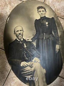 Photo 18x24 Framed Civil War Soldier Couple GAR & WRC Badge Medal Convex Glass