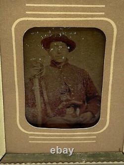 RARE Civil War Soldier With Pistol & Sword Small Photograph on Glass Picture