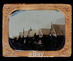 Rare 4th Plate Outdoor Tintype Civil War Camp Scene Soldiers One On Horse Back