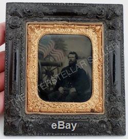 Rare! CIVIL WAR Soldier Officer Tintype Photo withCAMP SCENE in Gutta Percha Case