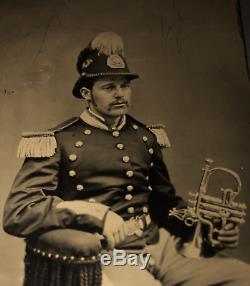 Rare CIVIL War Musician Union Soldier New York Infantry Rgt Cornet Shako Tintype