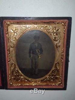 Rare Civil War Bugle Corps Soldier with Sword Tintype / With Case