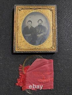 Rare Civil War Soldier And Brother With Hair Sample Antique Tintype Photo