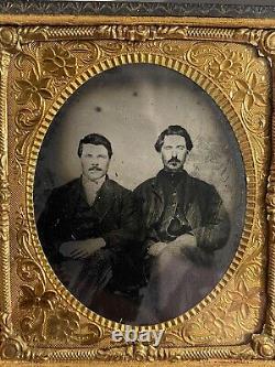 Rare Civil War Soldier And Brother With Hair Sample Antique Tintype Photo