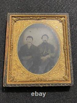 Rare Civil War Soldier And Brother With Hair Sample Antique Tintype Photo