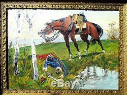 Rare MILITARY CIVIL WAR Battle Scene OIL PAINTING Soldier AND HORSE