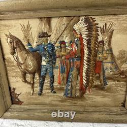 Rare Vintage cloth 3-D Civil War soldier and Native American art. Framed