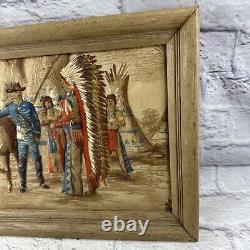 Rare Vintage cloth 3-D Civil War soldier and Native American art. Framed