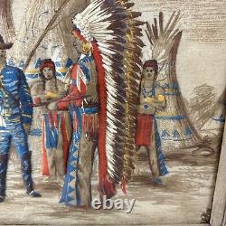 Rare Vintage cloth 3-D Civil War soldier and Native American art. Framed