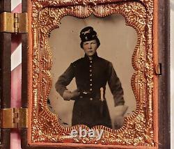 Sixth plate ambrotype of double armed cavalry soldier with knife and small gun
