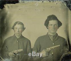 Sixth plate size Ruby Ambrotype 2 Civil War soldiers armed with pistols