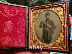 Sixth plate tintype of double armed civil war soldier in great condition