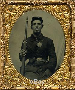 Superb Tintype of Stud Civil War Soldier Armed with Musket, Eagle Breast US Buckle