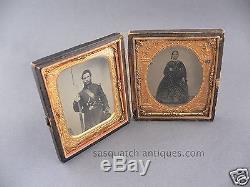 TRIPLE ARMED PISTOL BOWIE RIFLE CIVIL WAR SOLDIER & SWEETHEART TINTED AMBROTYPE