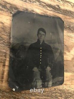 Teenage Civil War Soldier Camp Scene 1860s 1/6 Tintype Photo