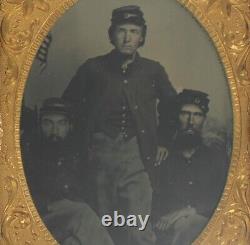 Three Union Soldiers 1860 Civil War Military Patriotic Flag Tintype Tintype