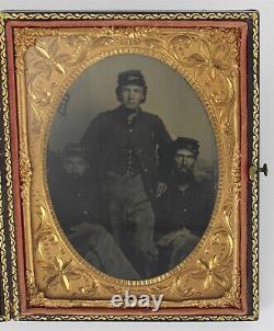 Three Union Soldiers 1860 Civil War Military Patriotic Flag Tintype Tintype