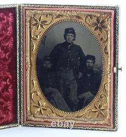 Three Union Soldiers 1860 Civil War Military Patriotic Flag Tintype Tintype