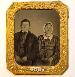 TinType Civil War Era Couple Man & Woman with Bonnet Photo Daguerreotype 1800s