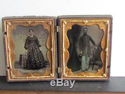 Tinted Civil War soldier & wife 1/4 plate tintype photographs in patriotic case